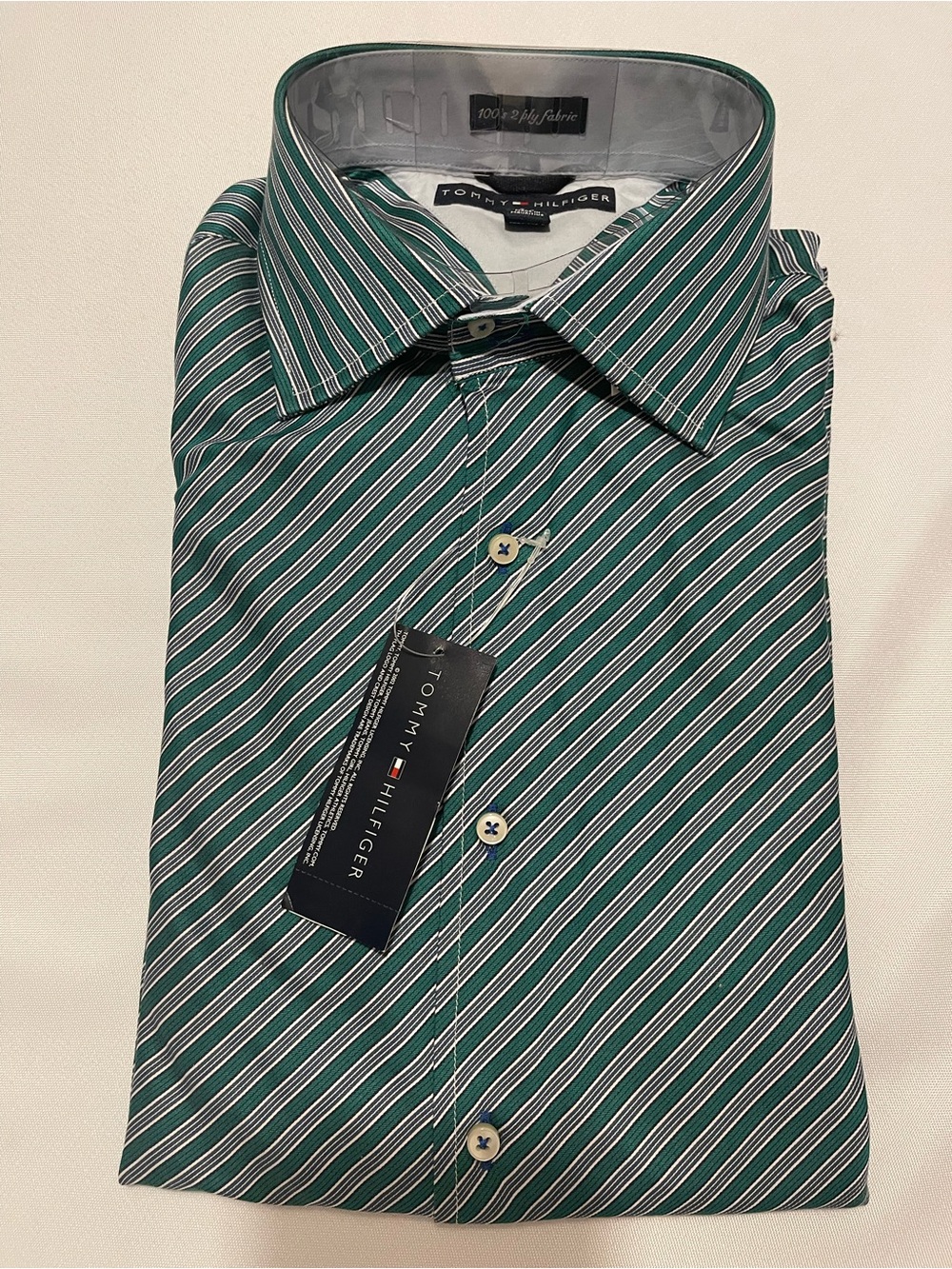 Tommy Hilfiger Men's Green White and Navy Diagonal Stripe Dress Shirt